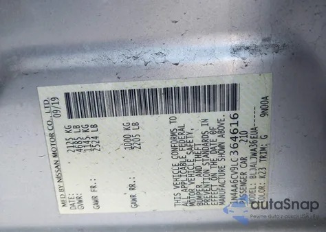 2020 Nissan Maxima Sv из США, поврежденный, VIN 1N4AA6CV9LC364616